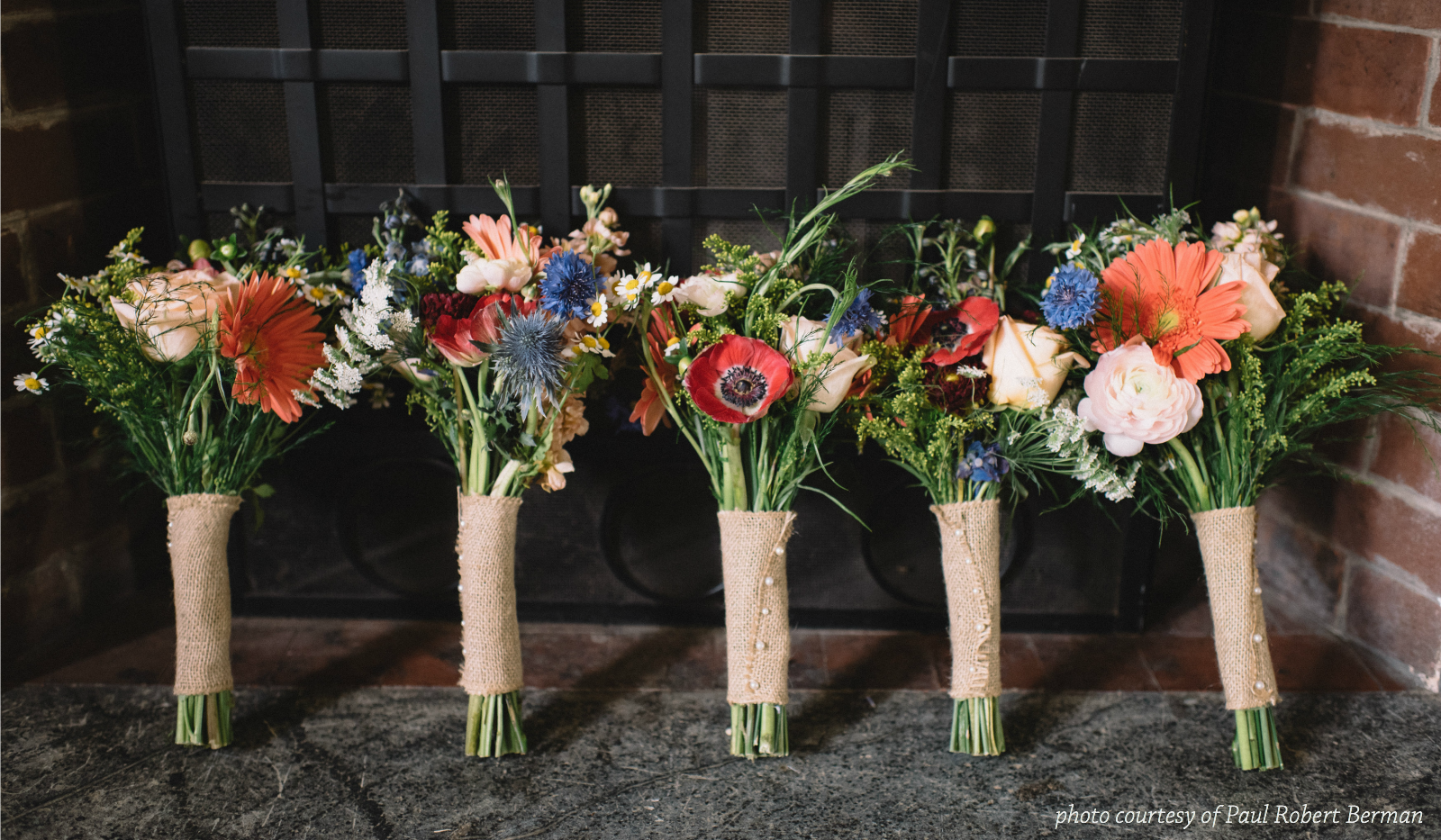 Bridal party bouquets of flowers in a row
